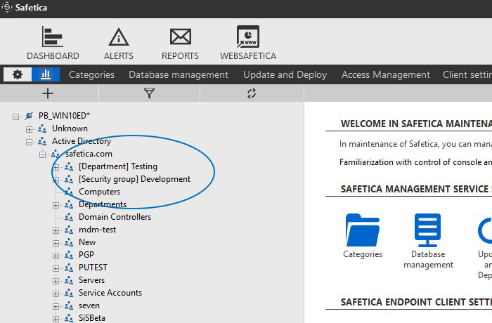 New AD nodes Department and Security group in the Safetica user tree