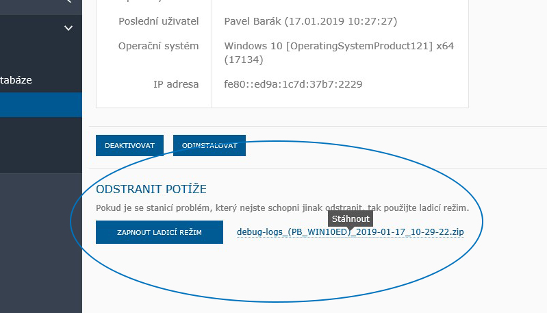 Ladění problémů a stažení výpisů ve WebSafetica